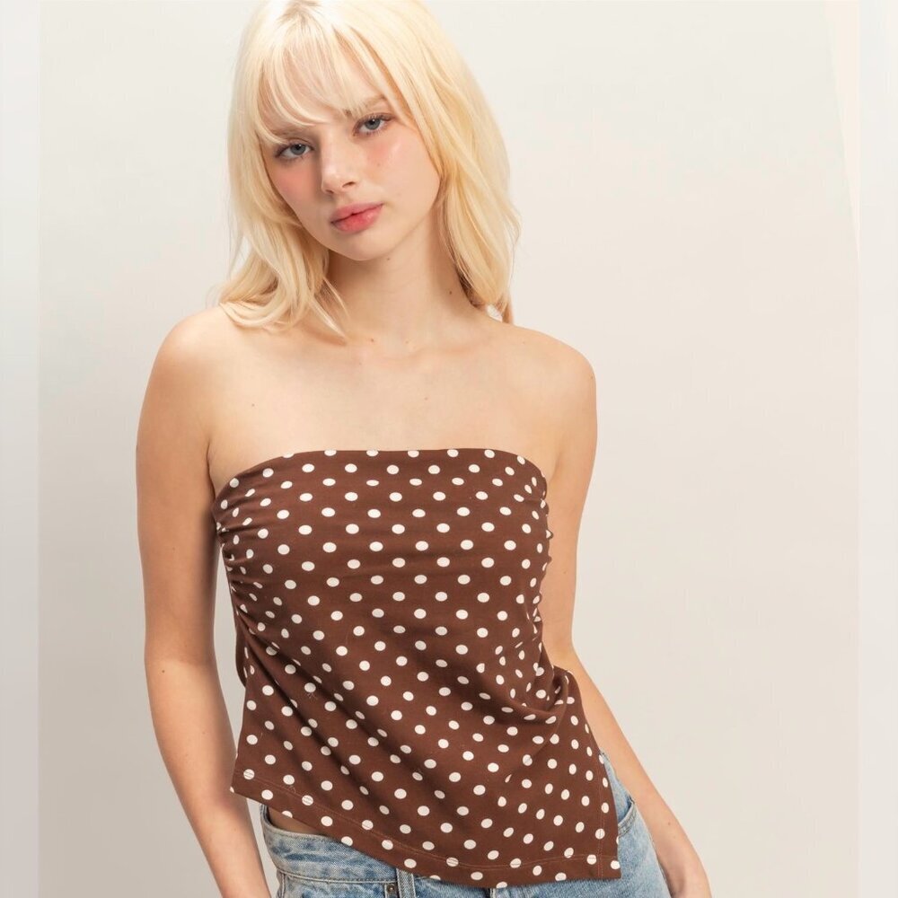 1 LEFT!! RIGHT ON THE DOT BROWN STRAPLESS TOP